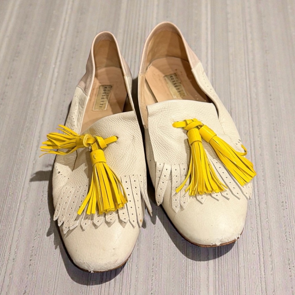 Fratelli Rossetti White and Yellow Tassel calfskin leather Loafers size 8